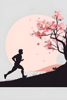 Abstract minimalist spring scene with a single, sharp silhouette of a running athlete and of a blooming tree on a vast light grey canvas, with subtle color gradients hinting at spring freshness