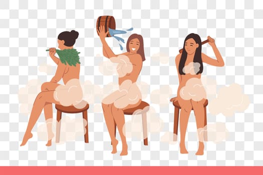 Woman visiting sauna or bathhouse sits naked on stool and douses herself with water or uses birch broom to obtain relaxing effect. Leaking girl finnish sauna visitor enjoying SPA treatments