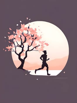 Abstract minimalist spring scene with a single, sharp silhouette of a running athlete and of a blooming tree on a vast light grey canvas, with subtle color gradients hinting at spring freshness