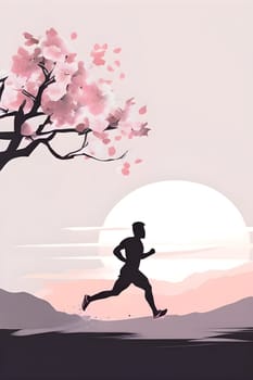 Abstract minimalist spring scene with a single, sharp silhouette of a running athlete and of a blooming tree on a vast light grey canvas, with subtle color gradients hinting at spring freshness