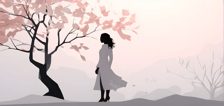 Abstract minimalist spring scene with a single, sharp silhouette of a young woman and of a blooming tree on a vast light grey canvas, with subtle color gradients hinting at spring freshness