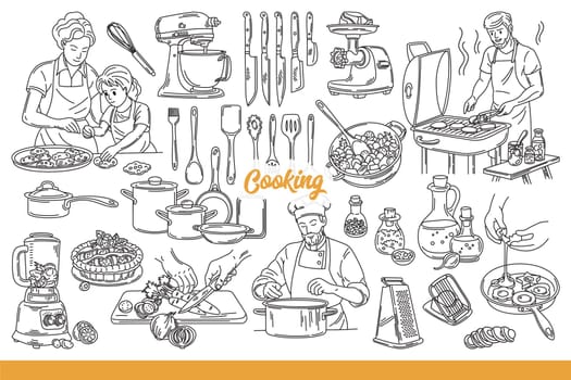 Cooking word near chefs and housewives or kitchen utensils and equipment for making dinner. Cooking background with culinary elements and food in process of slicing or hot processing. Hand drawn.