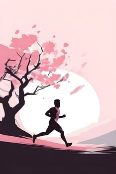 Abstract minimalist spring scene with a single, sharp silhouette of a running athlete and of a blooming tree on a vast light grey canvas, with subtle color gradients hinting at spring freshness
