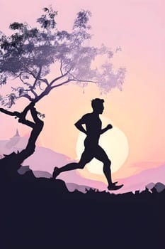 Abstract minimalist spring scene with a single, sharp silhouette of a running athlete and of a blooming tree on a vast light grey canvas, with subtle color gradients hinting at spring freshness