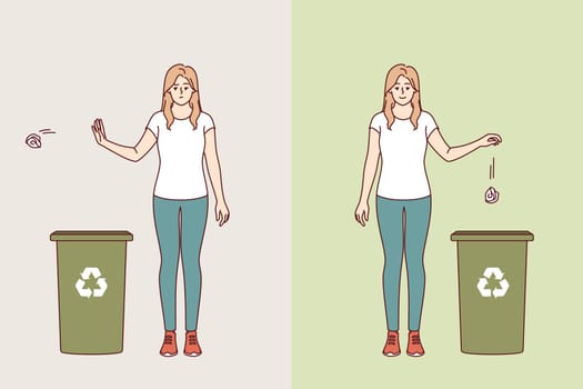 Woman throws trash into paper recycling bin, demonstrating correct way to dispose of waste. Comparison of two young girls showing willingness to separate waste collection for recycling.