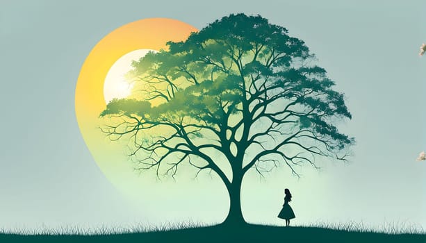 Abstract minimalist spring scene with a single, sharp silhouette of a young woman and of a blooming tree on a vast light grey canvas, with subtle color gradients hinting at spring freshness