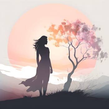 Abstract minimalist spring scene with a single, sharp silhouette of a young woman and of a blooming tree on a vast light grey canvas, with subtle color gradients hinting at spring freshness