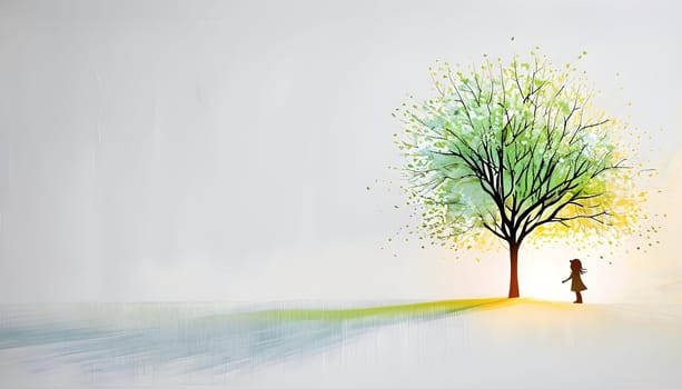 Abstract minimalist spring scene with a single, sharp silhouette of a young woman and of a blooming tree on a vast light grey canvas, with subtle color gradients hinting at spring freshness