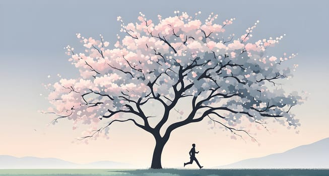 Abstract minimalist spring scene with a single, sharp silhouette of a running athlete and of a blooming tree on a vast light grey canvas, with subtle color gradients hinting at spring freshness