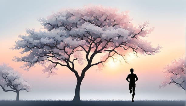 Abstract minimalist spring scene with a single, sharp silhouette of a running athlete and of a blooming tree on a vast light grey canvas, with subtle color gradients hinting at spring freshness