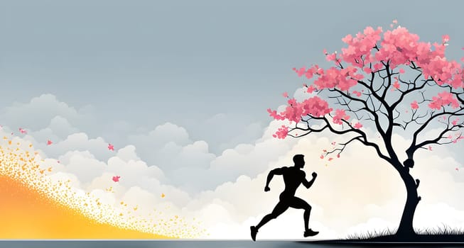 Abstract minimalist spring scene with a single, sharp silhouette of a running athlete and of a blooming tree on a vast light grey canvas, with subtle color gradients hinting at spring freshness