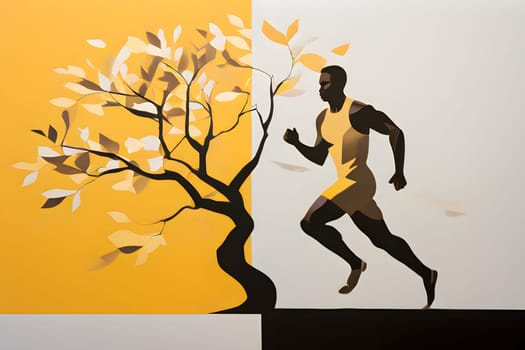 Abstract minimalist spring scene with a single, sharp silhouette of a running athlete and of a blooming tree on a vast light grey canvas, with subtle color gradients hinting at spring freshness