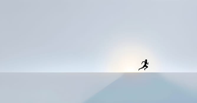 Abstract minimalist spring scene with a single, sharp silhouette of a running athlete and of a blooming tree on a vast light grey canvas, with subtle color gradients hinting at spring freshness