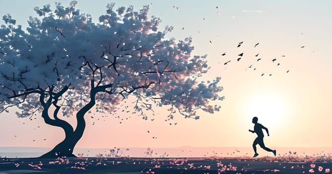 Abstract minimalist spring scene with a single, sharp silhouette of a running athlete and of a blooming tree on a vast light grey canvas, with subtle color gradients hinting at spring freshness
