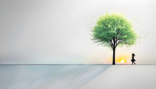 Abstract minimalist spring scene with a single, sharp silhouette of a young woman and of a blooming tree on a vast light grey canvas, with subtle color gradients hinting at spring freshness