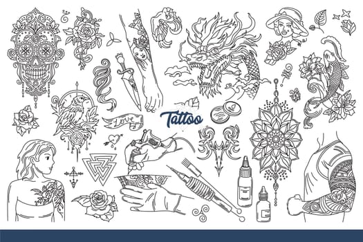 Lettering tattoo among sketches for patterns on body and needles or ink for applying design. Tattoo pictures in form of mask and flower or dagger with asian dragon and japanese fish. Hand drawn.