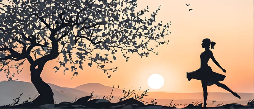Abstract minimalist spring scene with a single, sharp silhouette of a young woman and of a blooming tree on a vast light grey canvas, with subtle color gradients hinting at spring freshness