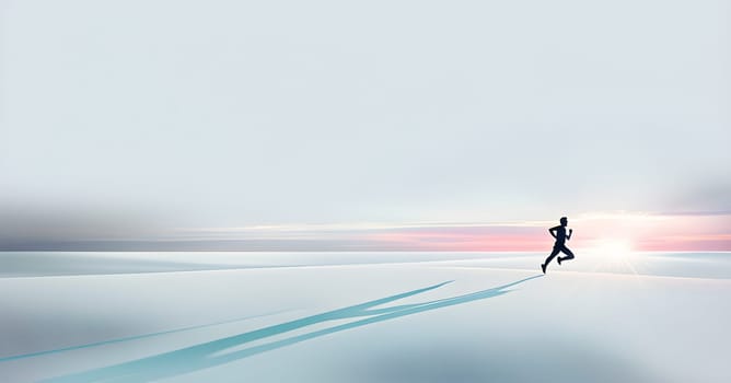 Abstract minimalist spring scene with a single, sharp silhouette of a running athlete and of a blooming tree on a vast light grey canvas, with subtle color gradients hinting at spring freshness
