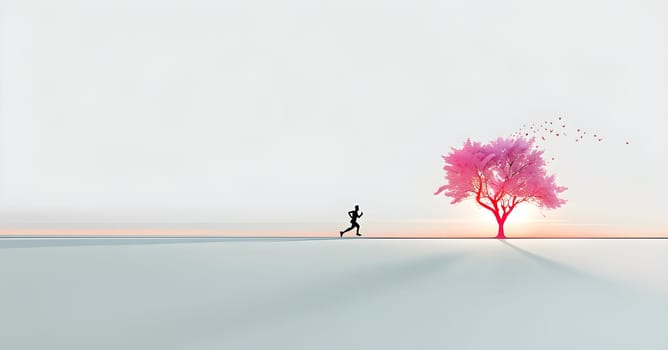 Abstract minimalist spring scene with a single, sharp silhouette of a running athlete and of a blooming tree on a vast light grey canvas, with subtle color gradients hinting at spring freshness