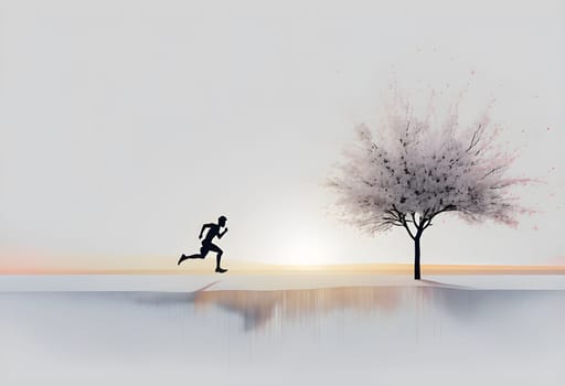 Abstract minimalist spring scene with a single, sharp silhouette of a running athlete and of a blooming tree on a vast light grey canvas, with subtle color gradients hinting at spring freshness