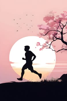 Abstract minimalist spring scene with a single, sharp silhouette of a running athlete and of a blooming tree on a vast light grey canvas, with subtle color gradients hinting at spring freshness