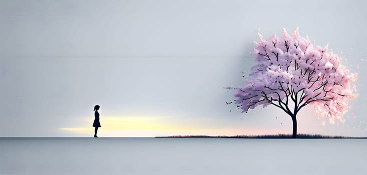 Abstract minimalist spring scene with a single, sharp silhouette of a young woman and of a blooming tree on a vast light grey canvas, with subtle color gradients hinting at spring freshness