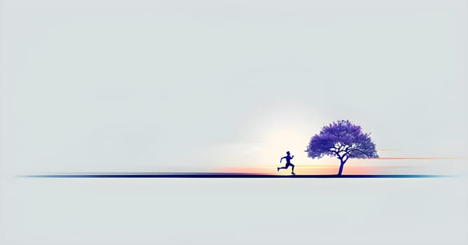 Abstract minimalist spring scene with a single, sharp silhouette of a running athlete and of a blooming tree on a vast light grey canvas, with subtle color gradients hinting at spring freshness