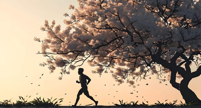 Abstract minimalist spring scene with a single, sharp silhouette of a running athlete and of a blooming tree on a vast light grey canvas, with subtle color gradients hinting at spring freshness