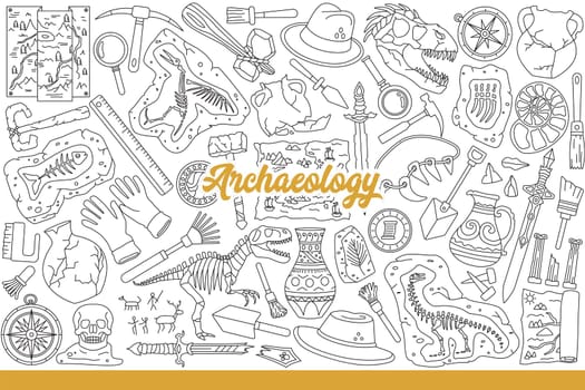 Archaeological tools for scientific excavations in search artifacts or dinosaur bones. Archaeological background with equipment expedition participants studying historical civilizations. Hand drawn
