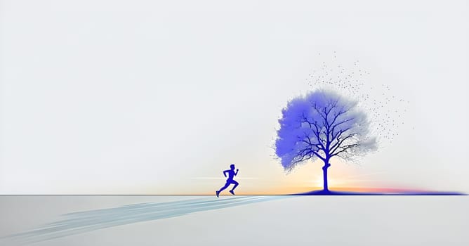 Abstract minimalist spring scene with a single, sharp silhouette of a running athlete and of a blooming tree on a vast light grey canvas, with subtle color gradients hinting at spring freshness