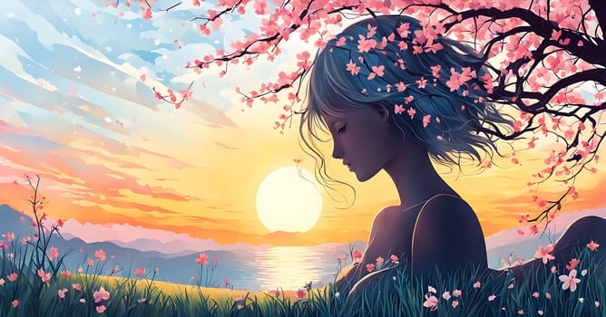 Abstract minimalist spring scene with a single, sharp silhouette of a young woman and of a blooming tree on a vast light grey canvas, with subtle color gradients hinting at spring freshness