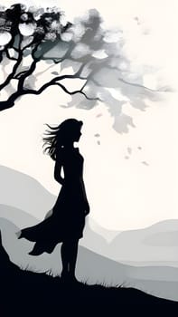 Abstract minimalist spring scene with a single, sharp silhouette of a young woman and of a blooming tree on a vast light grey canvas, with subtle color gradients hinting at spring freshness