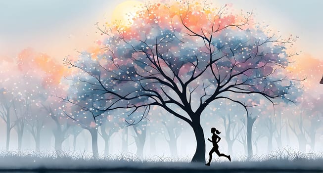 Abstract minimalist spring scene with a single, sharp silhouette of a running athlete and of a blooming tree on a vast light grey canvas, with subtle color gradients hinting at spring freshness