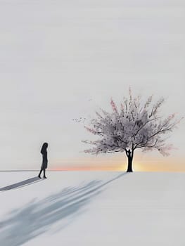 Abstract minimalist spring scene with a single, sharp silhouette of a young woman and of a blooming tree on a vast light grey canvas, with subtle color gradients hinting at spring freshness