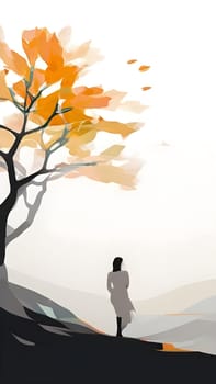 Abstract minimalist spring scene with a single, sharp silhouette of a young woman and of a blooming tree on a vast light grey canvas, with subtle color gradients hinting at spring freshness