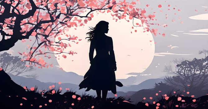 Abstract minimalist spring scene with a single, sharp silhouette of a young woman and of a blooming tree on a vast light grey canvas, with subtle color gradients hinting at spring freshness
