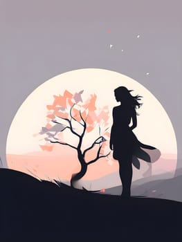 Abstract minimalist spring scene with a single, sharp silhouette of a young woman and of a blooming tree on a vast light grey canvas, with subtle color gradients hinting at spring freshness