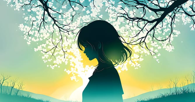 Abstract minimalist spring scene with a single, sharp silhouette of a young woman and of a blooming tree on a vast light grey canvas, with subtle color gradients hinting at spring freshness