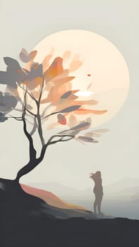 Abstract minimalist spring scene with a single, sharp silhouette of a young woman and of a blooming tree on a vast light grey canvas, with subtle color gradients hinting at spring freshness