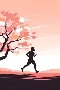 Abstract minimalist spring scene with a single, sharp silhouette of a running athlete and of a blooming tree on a vast light grey canvas, with subtle color gradients hinting at spring freshness