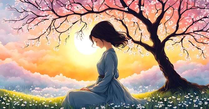Abstract minimalist spring scene with a single, sharp silhouette of a young woman and of a blooming tree on a vast light grey canvas, with subtle color gradients hinting at spring freshness