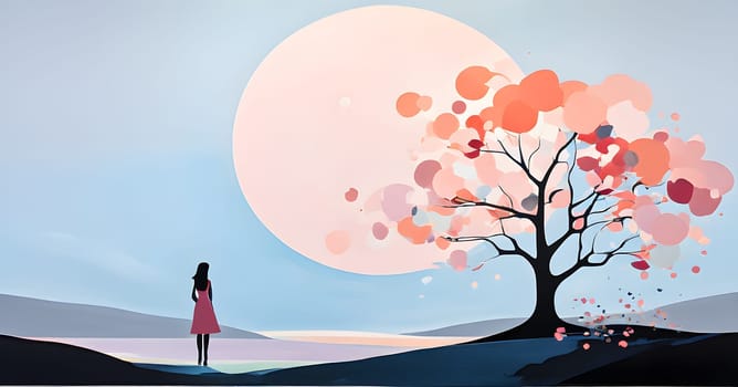 Abstract minimalist spring scene with a single, sharp silhouette of a young woman and of a blooming tree on a vast light grey canvas, with subtle color gradients hinting at spring freshness
