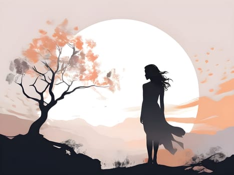 Abstract minimalist spring scene with a single, sharp silhouette of a young woman and of a blooming tree on a vast light grey canvas, with subtle color gradients hinting at spring freshness