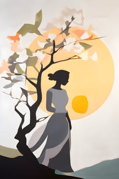 Abstract minimalist spring scene with a single, sharp silhouette of a young woman and of a blooming tree on a vast light grey canvas, with subtle color gradients hinting at spring freshness