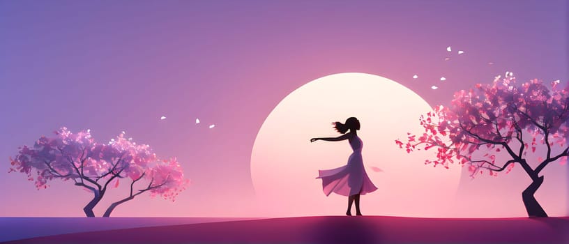 Abstract minimalist spring scene with a single, sharp silhouette of a young woman and of a blooming tree on a vast light grey canvas, with subtle color gradients hinting at spring freshness