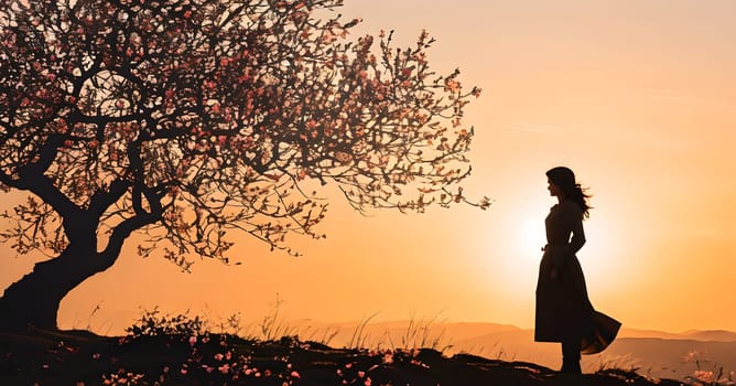 Abstract minimalist spring scene with a single, sharp silhouette of a young woman and of a blooming tree on a vast light grey canvas, with subtle color gradients hinting at spring freshness