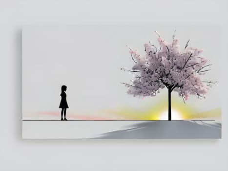 Abstract minimalist spring scene with a single, sharp silhouette of a young woman and of a blooming tree on a vast light grey canvas, with subtle color gradients hinting at spring freshness