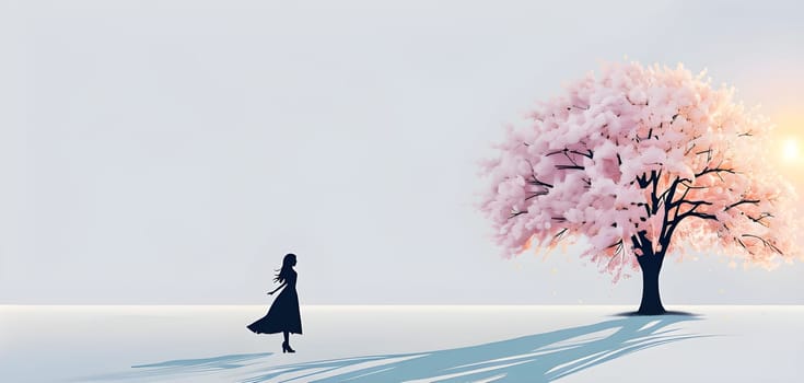 Abstract minimalist spring scene with a single, sharp silhouette of a young woman and of a blooming tree on a vast light grey canvas, with subtle color gradients hinting at spring freshness