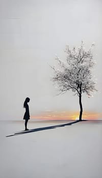 Abstract minimalist spring scene with a single, sharp silhouette of a young woman and of a blooming tree on a vast light grey canvas, with subtle color gradients hinting at spring freshness