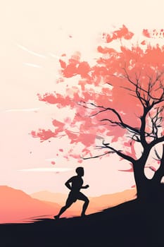Abstract minimalist spring scene with a single, sharp silhouette of a running athlete and of a blooming tree on a vast light grey canvas, with subtle color gradients hinting at spring freshness